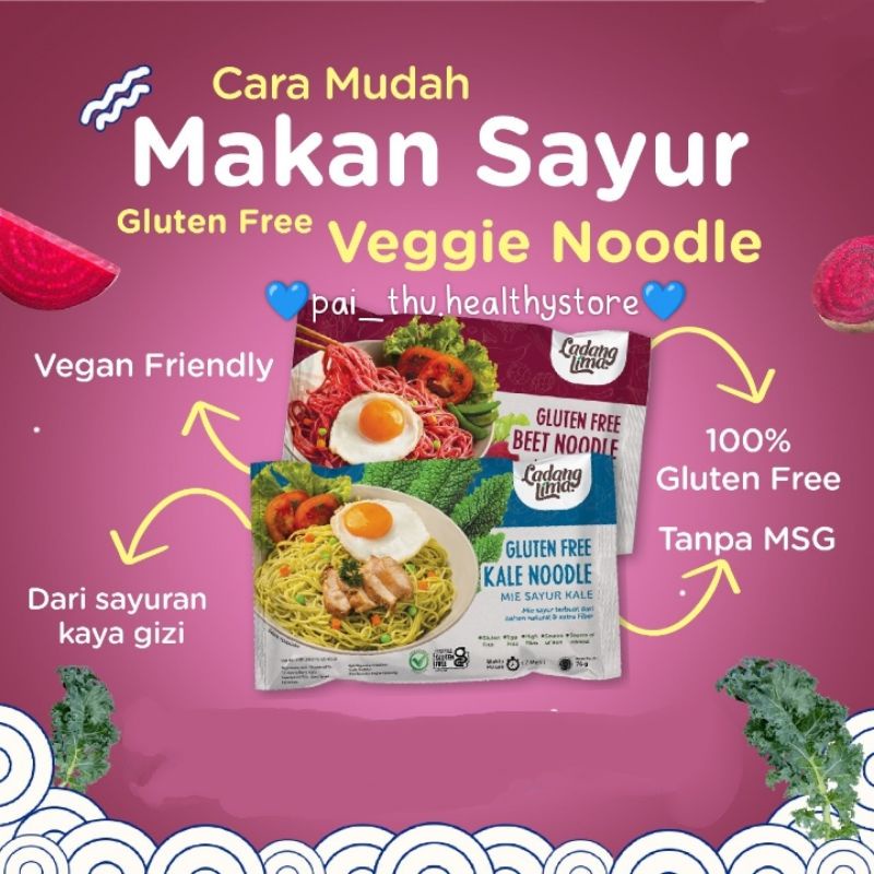 

Mie Sehat Veggie Noodle Ladang Lima-Mie Sayur- Mie Kale Noodle/Beet Noodle + Bumbu "GLUTEN FREE" @76gr