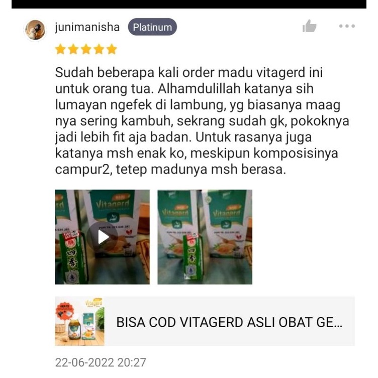 Madu VITAGERD Herbal Obat GERD dan Asam Lambung Original Asli Ori dengan Gejala Susah Tidur Sakit Kepala Kleyengan Tenggorokan