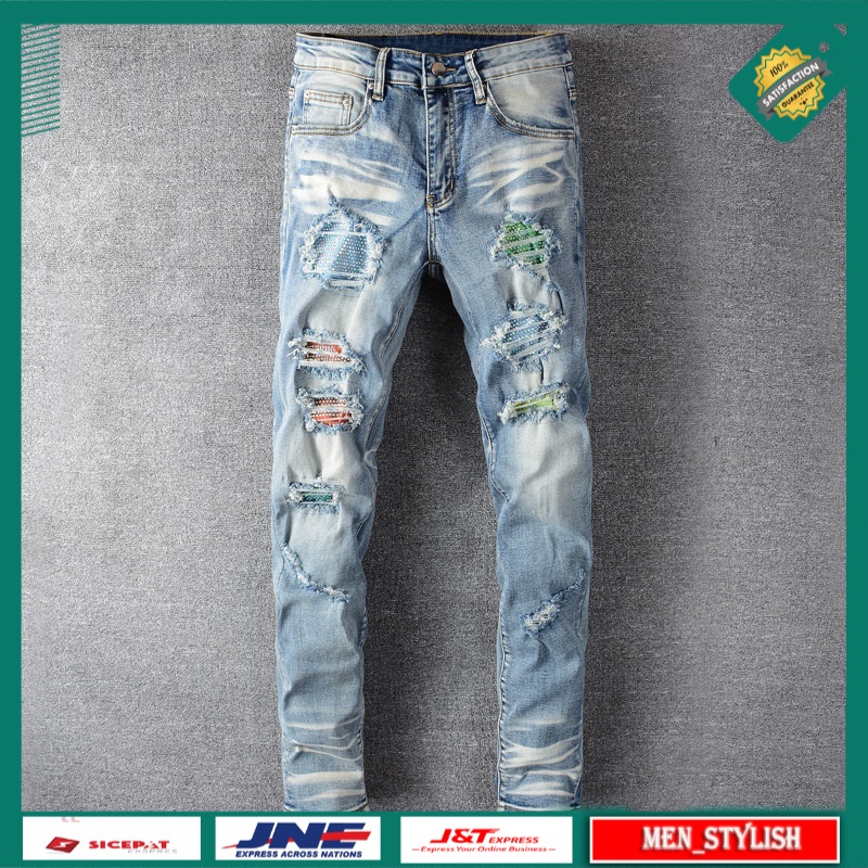 Celana Jeans Panjang Pria Light Blue Elastic Destroyed Slim Ripped Jeans Men Designer Denim Pencil P