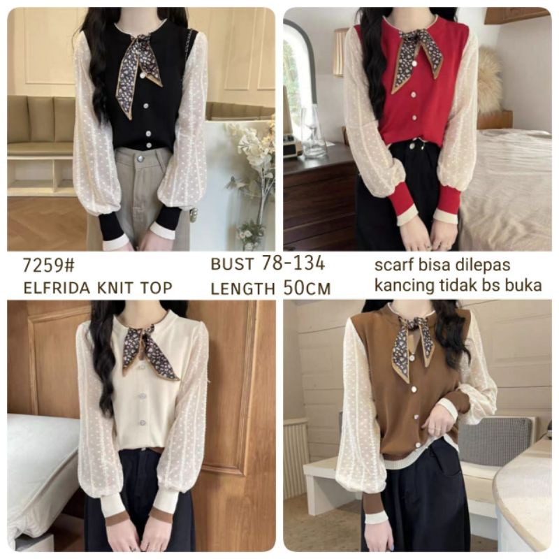 MDLV ~ 7259 Elfrida Knit Top Atasan Blouse Rajut Combi Lace Korea Look Fashion import