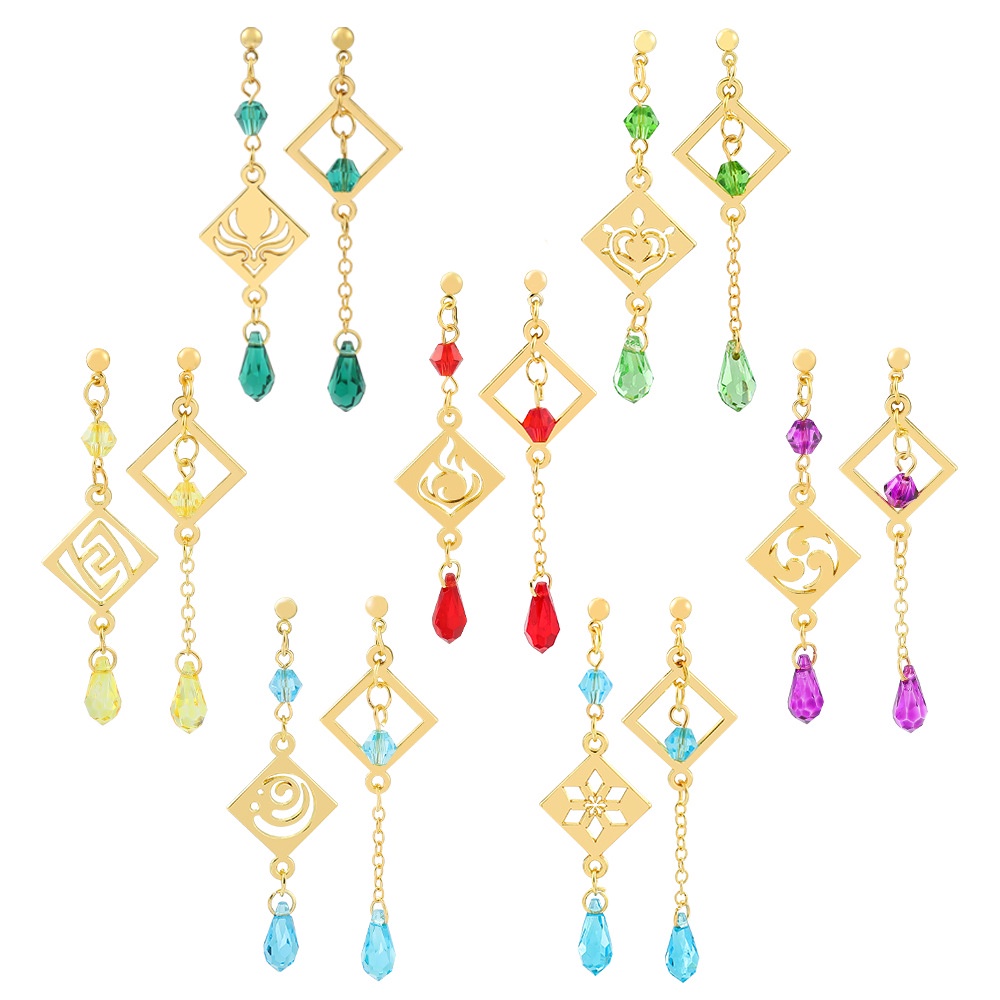 Anting Liontin 7 Element Barbatos Venti Asimetris Bahan Logam Untuk Wanita