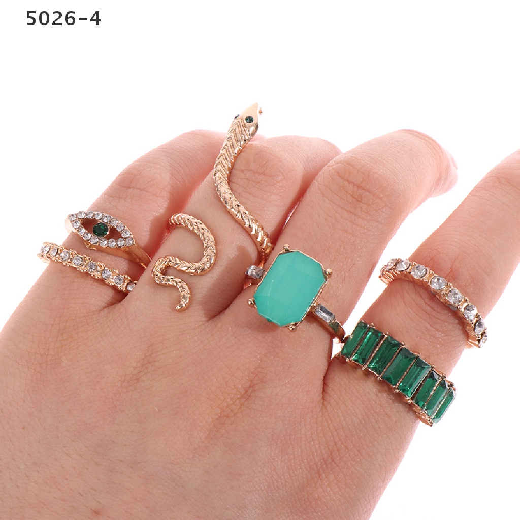 5026-4 6 pcs /set Green Rhinestone Rings Vintage Crystal Snake Adjustable Metal Ring 5026-4