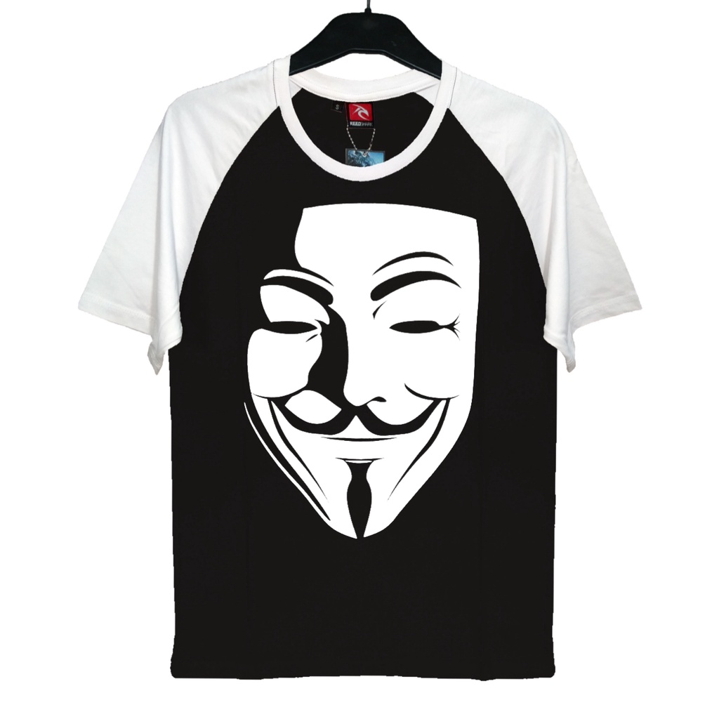 Kaos Reglan Pendek Dewasa VENDETTA - Baju Pria Wanita Raglan Kaos Kaos Topeng Vendeta Anonymous Hack