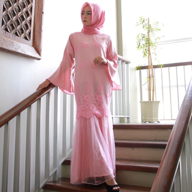 Dress Mermaid Tulle Bordir Wanita Soft Pink M L XL XXL