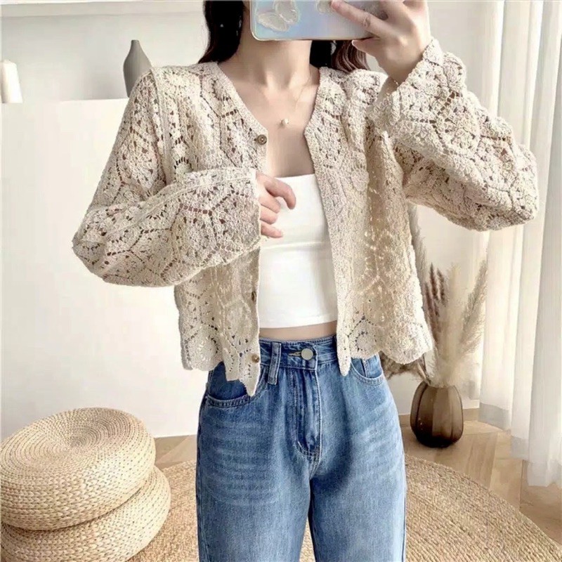 Delims Floral Lace Cardigan knit crop top Knit cardigan outer rajut floral cardigan crop top vintage
