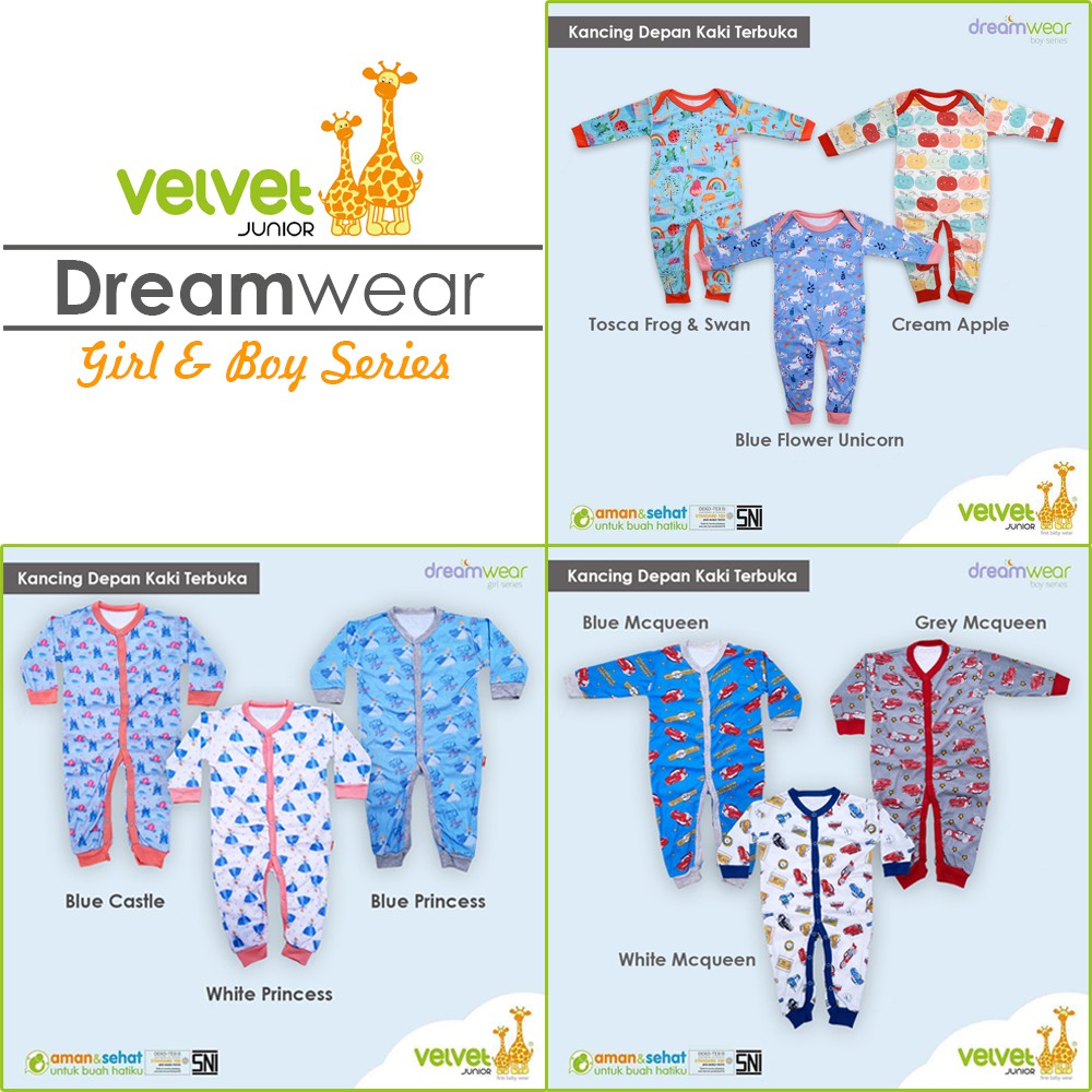 Sleepsuit VELVET DREAMWEAR BUKA Kaki  S M L BOY &amp; GIRL Model Kaki TERBUKA Dream Wear Sleep Suit