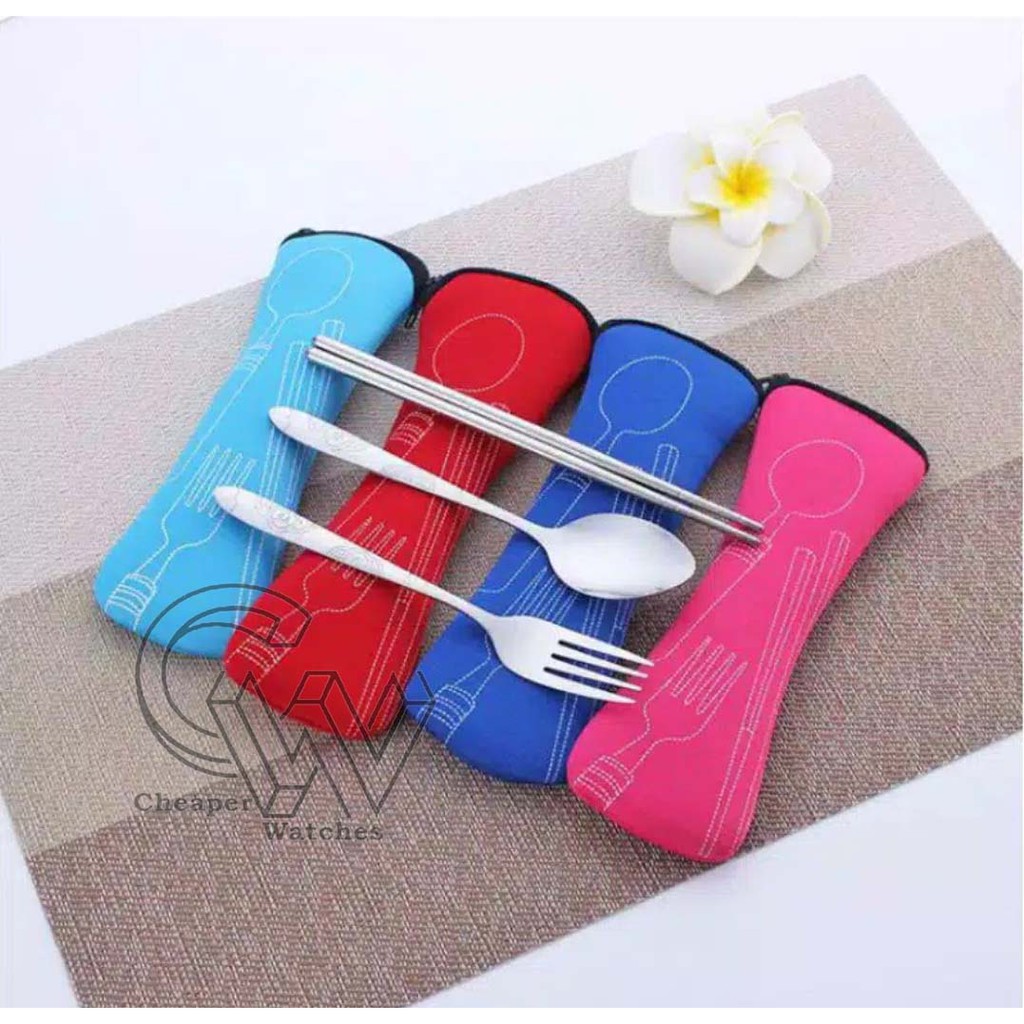 Cheaper-Sendok Sumpit Garpu Stainless Steel Set Pouch Sarung Tas Travel Souveiner Termurah