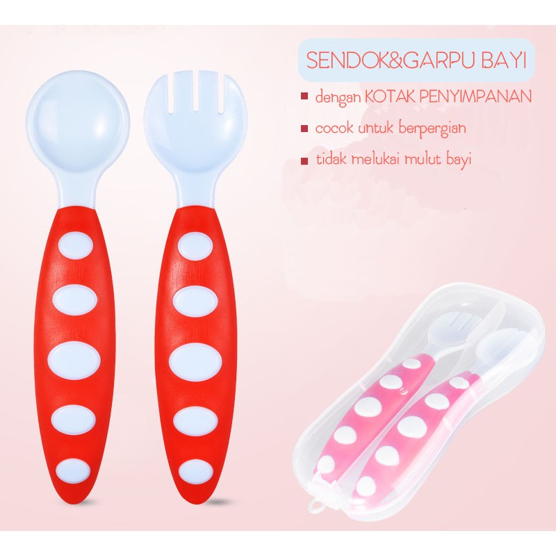 BB-031 Sendok Garpu Makan Bayi Motif Polkadot dengan kotak penyimpanan