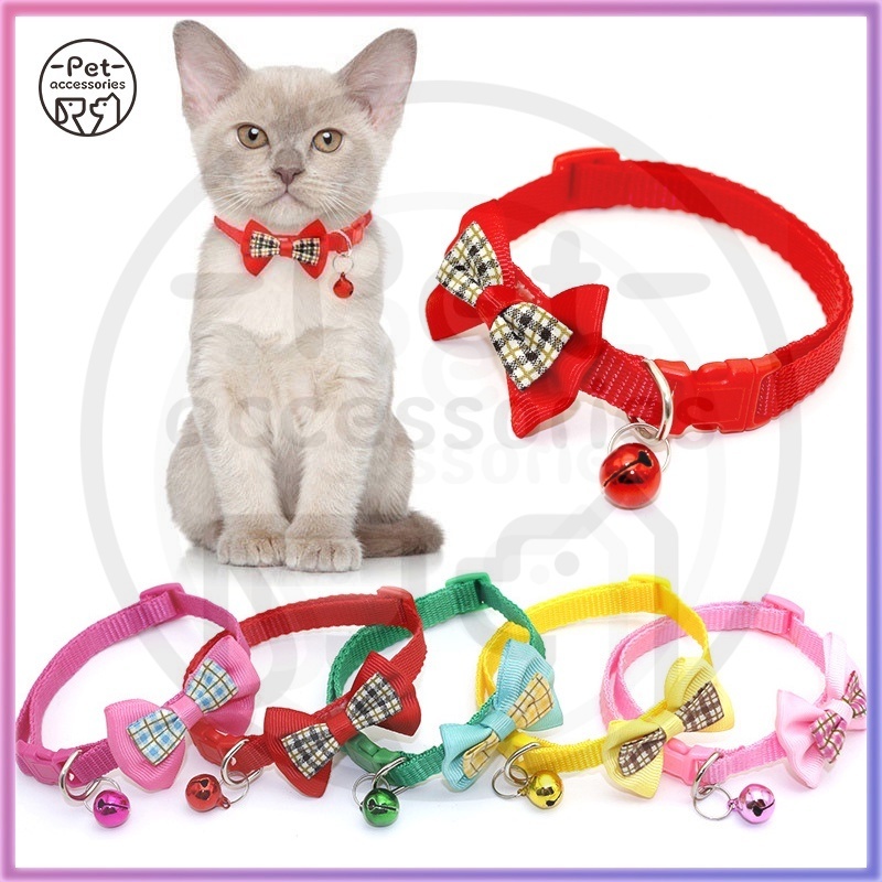 kalung ikatan kupu-kupu dengan motif kotak anjing kecil dan kucing berlonceng aksesoris hewan peliharaan