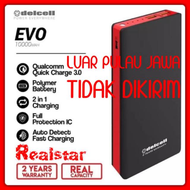 Powerbank Delcell Evo 10000mah Qualcomm QC 3.0 Real Capacity Original Garansi Resmi 2 tahun