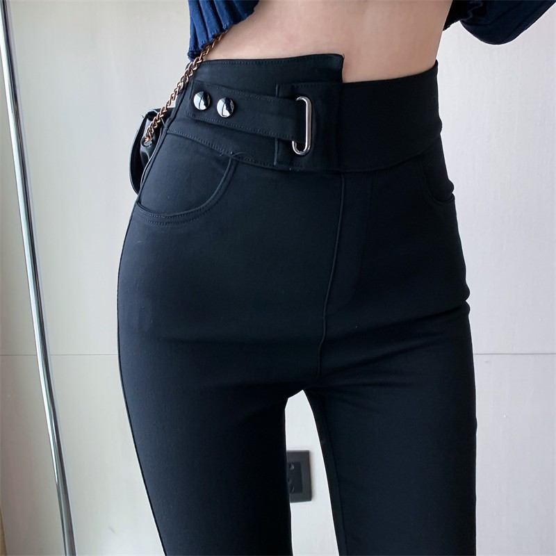 Baru Pinggang Tinggi Pelangsing Kurus Celana Slim Fit Hitam Di Atas Lutut Tappered Pensil Celana Kas