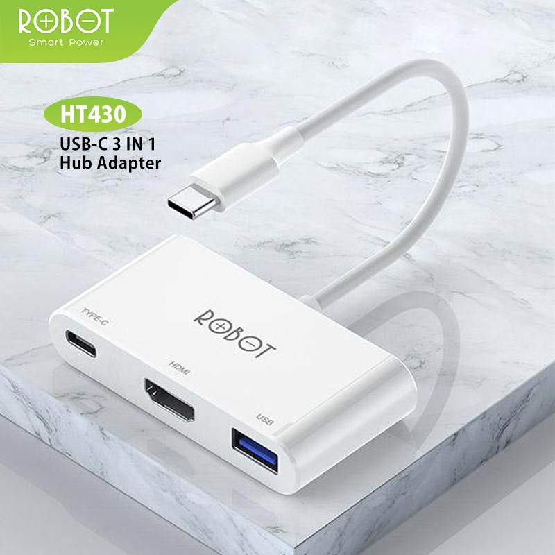 ROBOT HT430 3 in 1 USB C HUB Adapter, With HDMI 4K, PD 100W, USB3.0 White - ORIGINAL Garansi 1 Tahun