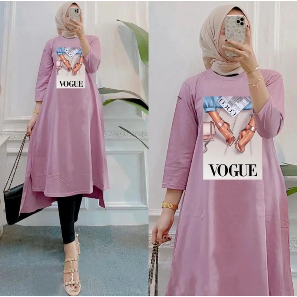 Vogue Midi matt Combed / Baju Midi Dress Cewek Dewasa Kekinian Bahan Combed 24s Aksen Sablon / Fashion Muslim Wanita / TUNIK