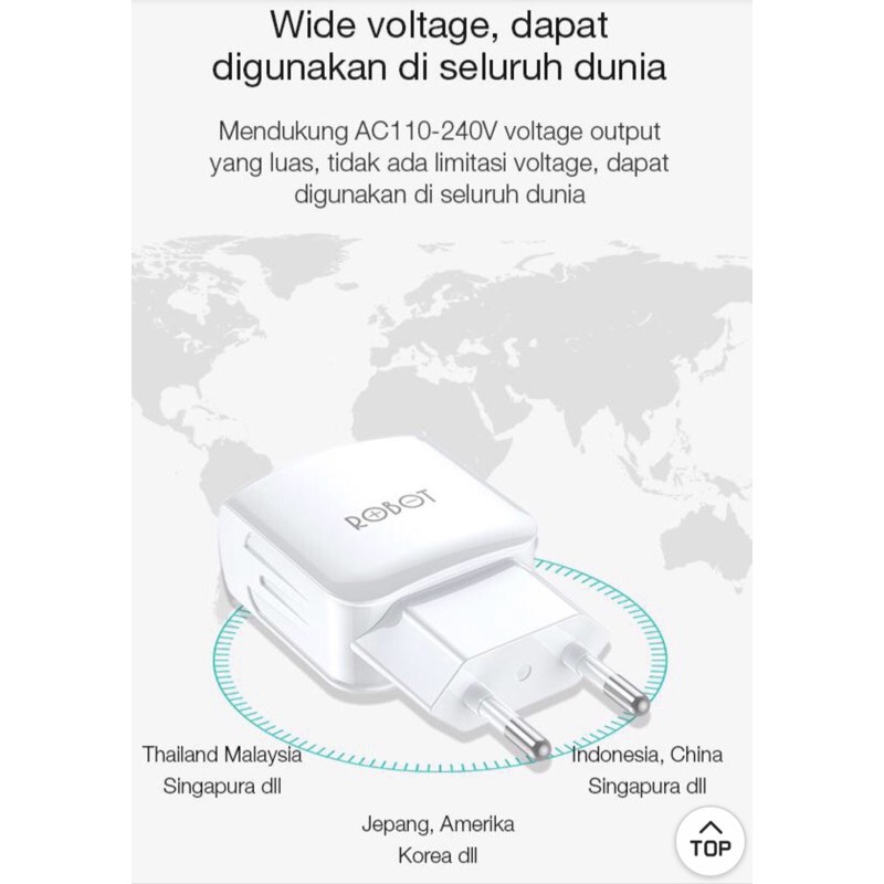 Robot adaptor charge RT-K6 2.4A Dual Output Charger Fast Charging (1 Box isi 20 Pcs) original resmi