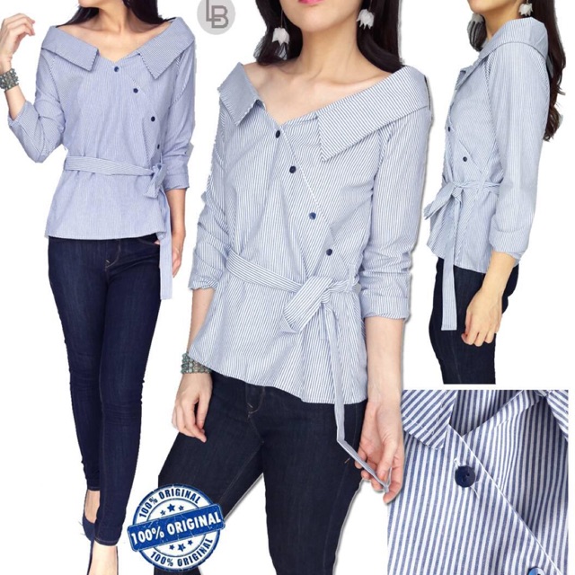B739 Consenso Blue Striped Sabrina Tie Blouse