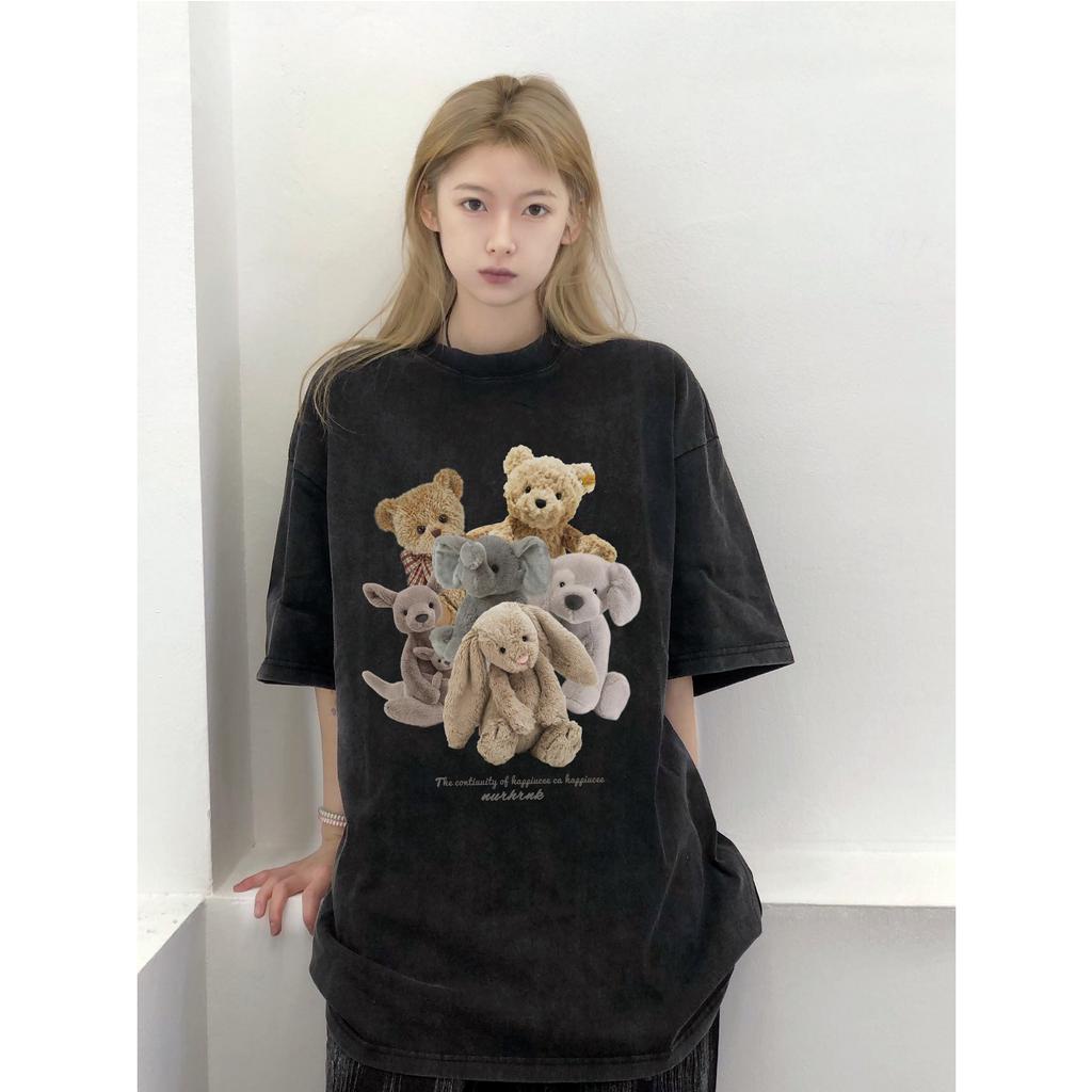 XIAOZHAINV Korean Style Bear Dolls Pattern Washed Printing Kaos Wanita A0384/Atasan Wanita Terbaru
