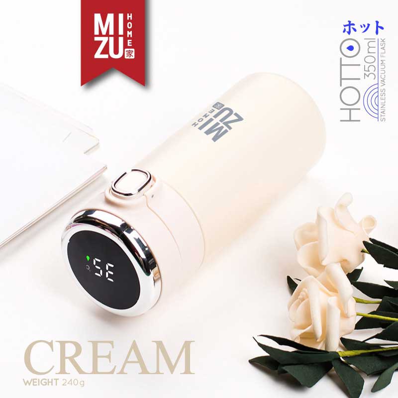 MIZU HOTTO Stainless Vacuum Flask 350ml Temperature Display Travel Thermos Botol Minum Termos-CREAM krem