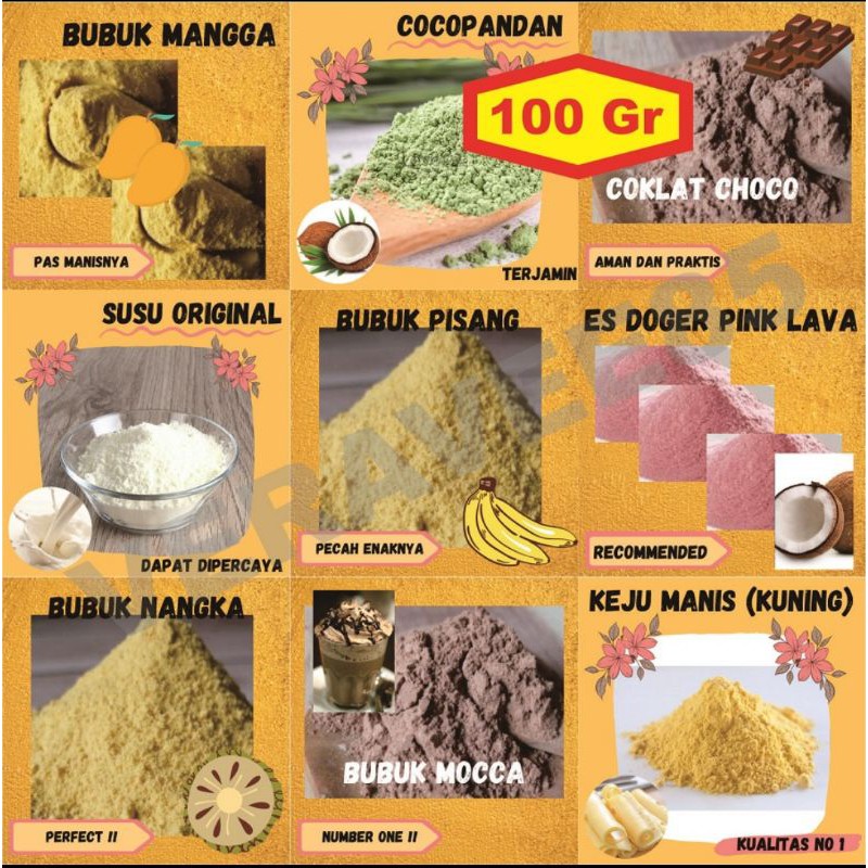 

Bumbu Tabur Manis Bubuk Instan Mangga Pisang Cocopandan Coklat Keju Nangka Es Teler Doger Pink Lava 100Gram