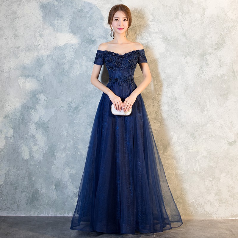 Gaun Pesta 1901005 Biru Tua Navy Sabrina Lengan Pendek Party Dress Gown