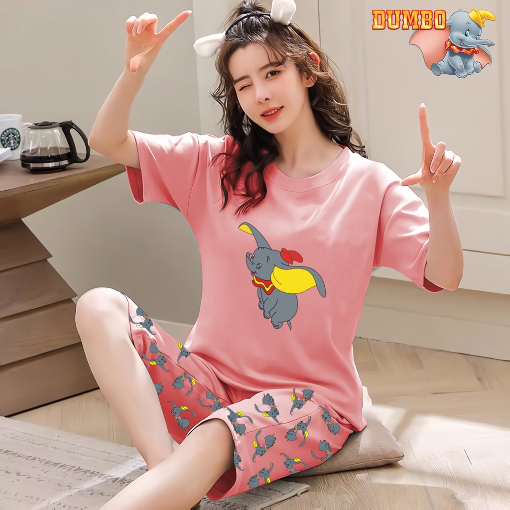 Lilipop.id  Baju Tidur Wanita 3/4 All Size Standar Dumbo Warna Setelan Piyama BabyDoll Kaos Celana Pendek