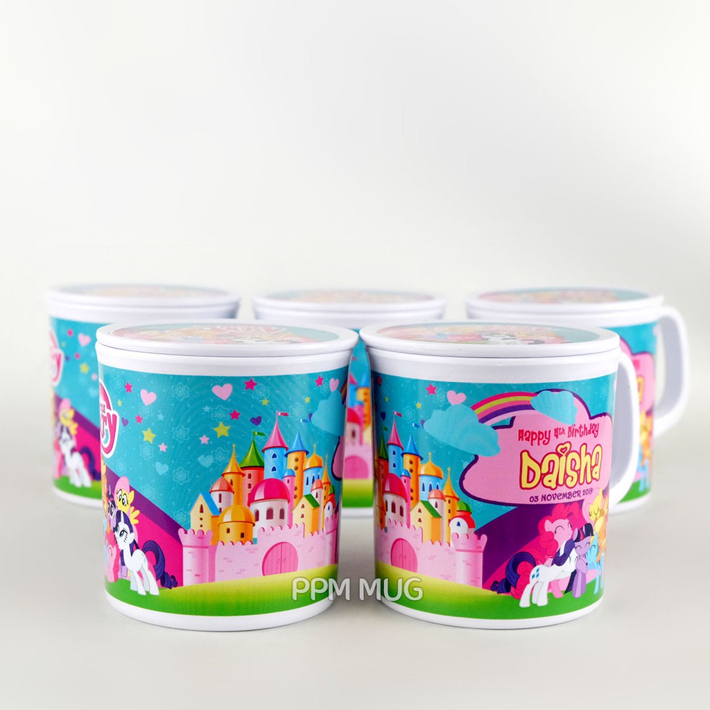 Souvenir ULTAH Cetak Sablon Mug Melamin dan Tutup