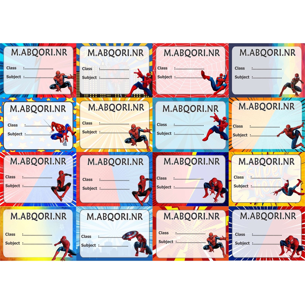 

Spiderman Label stiker buku nama kelas mapel custom