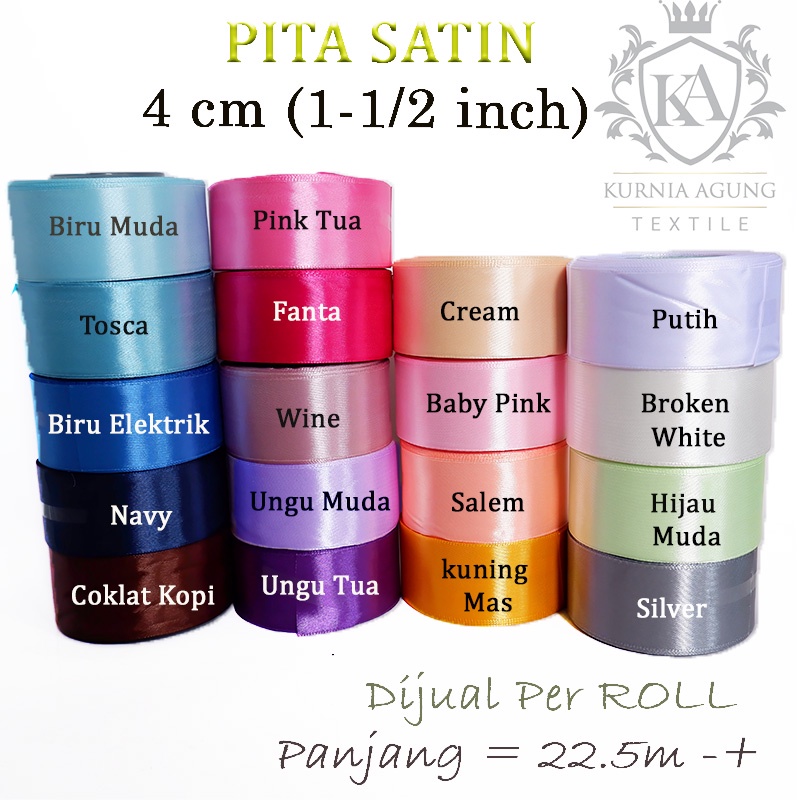 Pita Satin 4cm / 1 1/2 Inch 1 Roll Ukuran Besar Warna Pastel /Pita Kado Bungkus Hampers Souvenir DIY Panjang 25yard/22meter