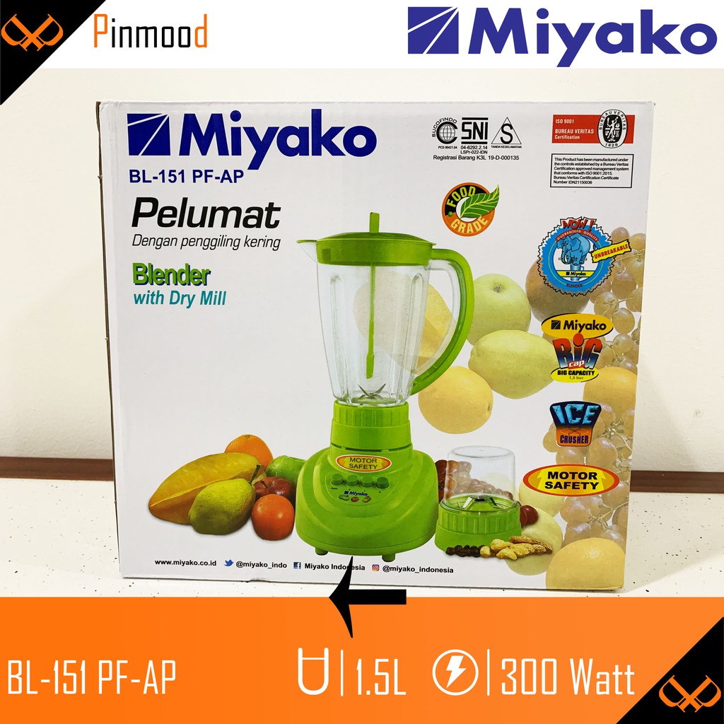 MIYAKO BLENDER BL-151 PF-AP [ 1,5 LITER ] PELUMAT 2 IN 1 PLASTIK ANTI PECAH ICE CRUSHER (GILING ES )