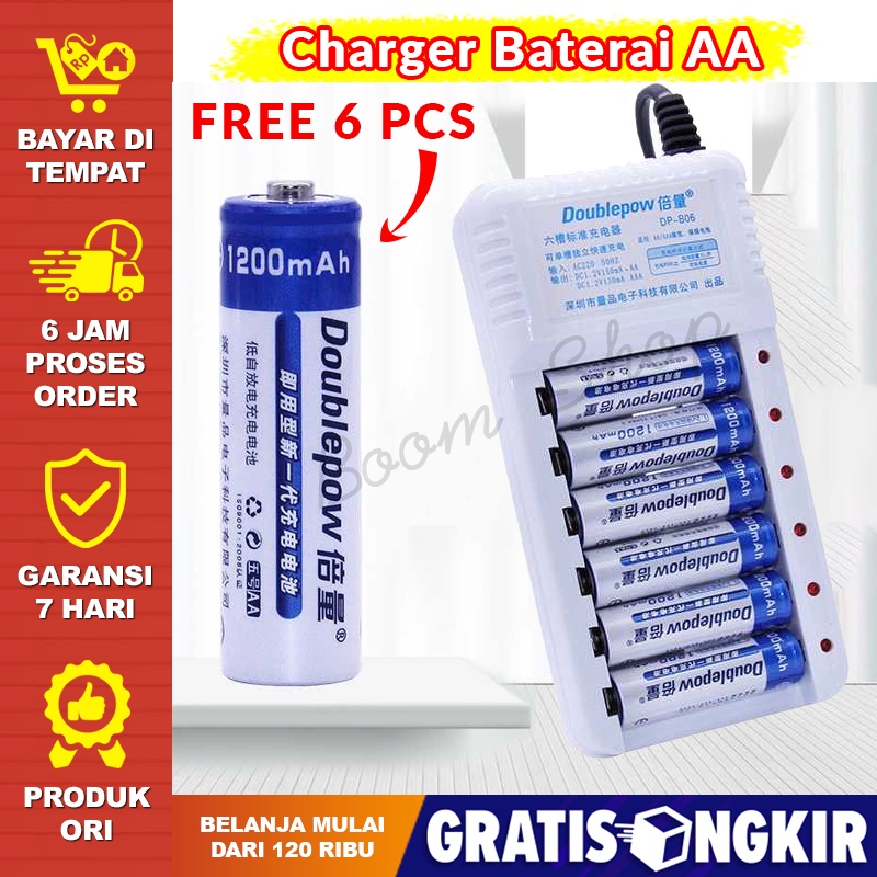 Cas Baterai AA / 18650 + Batre Cas AA Charger Baterai 6 slot AA/AAA with 6PCS AA 1200mAh