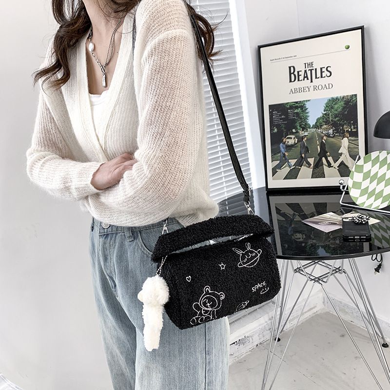 [littlecrab] Tas Tabung Lucu Motif Planet Alien Satelit Bintang Space Cute Sling Bag Lucu Unik Bentuk Tabung Tas Bulu Plus Gantungan Bear Lucu Tas Selempang Berkualitas Tas Jinjing High Quality Korean Style