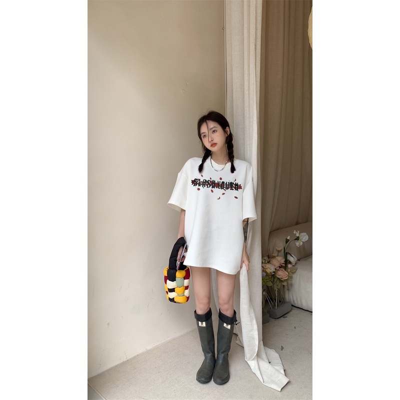 XIAOZHAINV Kaos Atasan Wanita Letter Pattern Lengan Pendek Hitam 0017