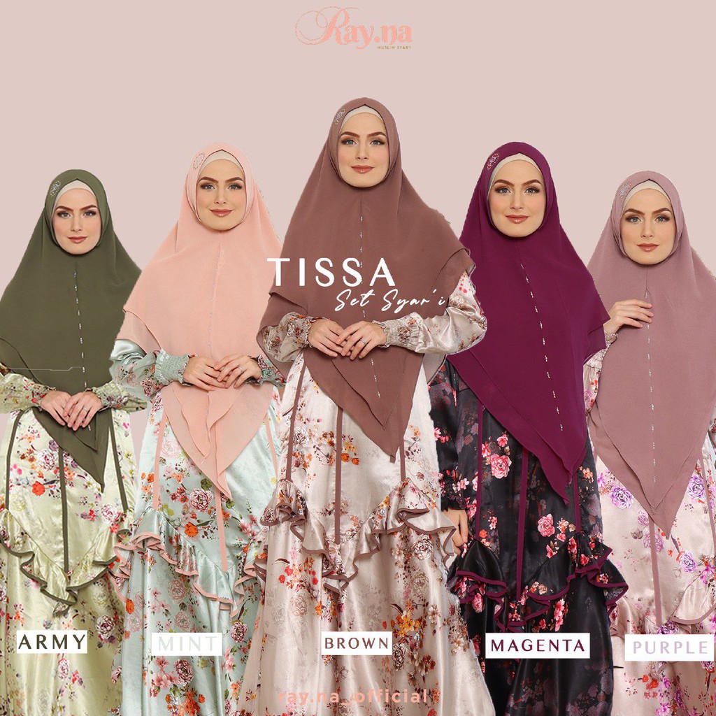 TISSA SYARI ORI BY RAYNA /GAMIS RAYNA SET HIJAB/ CERUTY BABYDOLL SET  KHIMAR 2 LAYER