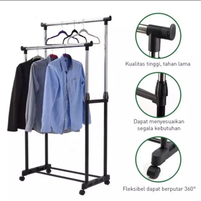 Rak Stand Hanger Baju / Rak Serbaguna Stainless / Double Pole Hanger