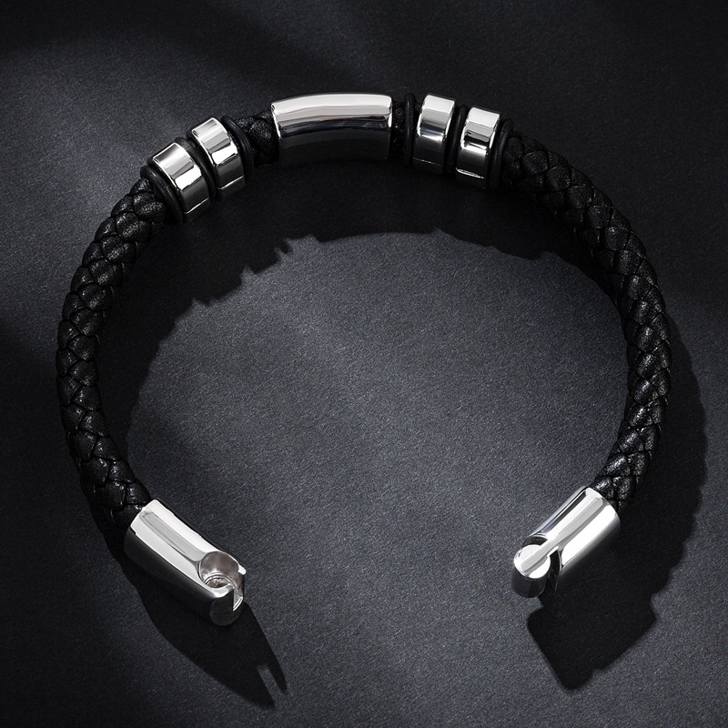 Gelang Bahan Kulit Dengan Buckle Magnetik Warna Hitam Glossy Gaya Klasik Untuk Pria