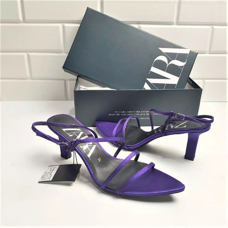 Zara Satin Strappy High Heels Sandals Purple