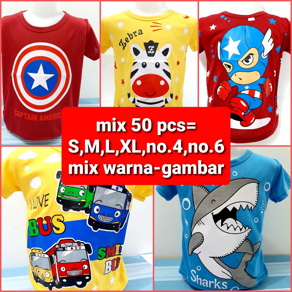 GROSIR 6 bulan-8 thun MIX kaos anak laki laki (50 pcs =1 klik S,M,L,XL,NO.4, NO.6) baju atasan cowok size random gambar campur pakaian