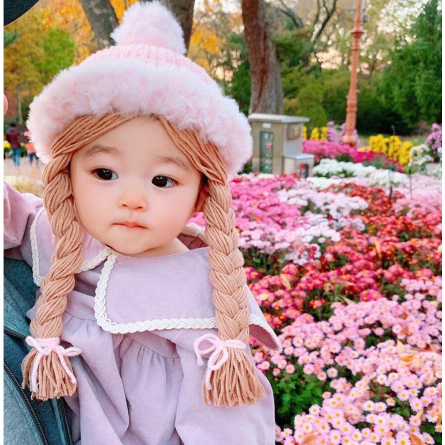 Topi Rajut Bayi Perempuan Rambut Kepang Palsu Bayi Perempuan Import Korea Baby Hat Model Snow