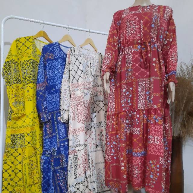 Homedress Gamis Motif Mix Warna Cream Merah Biru Kuning