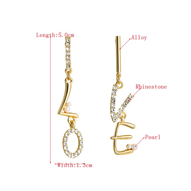 LRC Anting Tusuk Fashion Golden Letter Diamond Pearl Alloy Earrings K76025