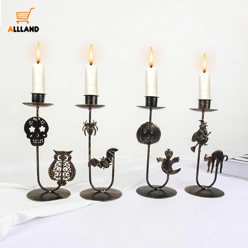 Holder Lilin Desain Labu Penyihir Tengkorak Laba-Laba Bahan Besi Tempa Warna Emas Gaya Retro Untuk Dekorasi Meja Halloween