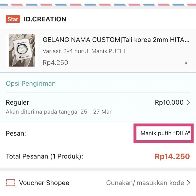 Gelang Nama Custom Tali Korea 2mm Hitam (Gelang Dadu Inisial A-Z Putih