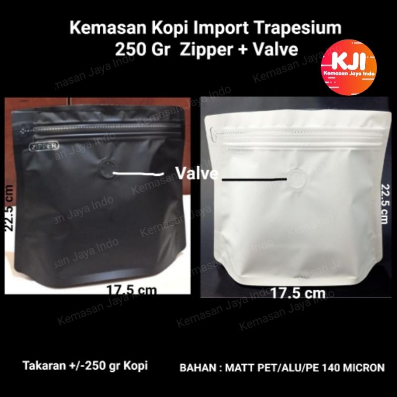Kemasan Kopi Import Trapesium 250 gr Zipper Valve.kemasan kopi. standing pouch. flat bottom