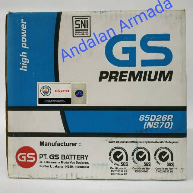 Aki Astra Otoparts GS Premium NS70/65D26R (65Ah) + Air Aki Zuur