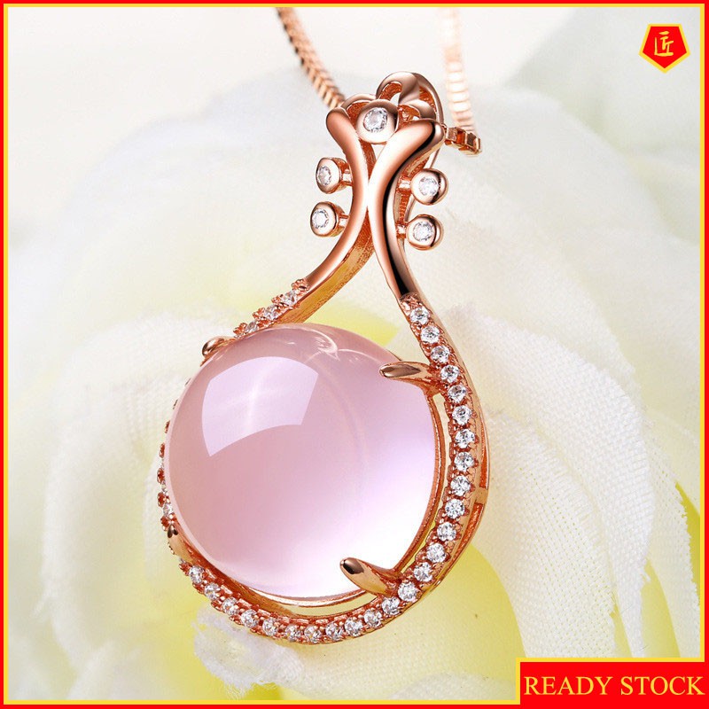 [Ready Stock]925 Rose Gold Necklace Female Pink Crystal Pipa Pendant Simple Fashion