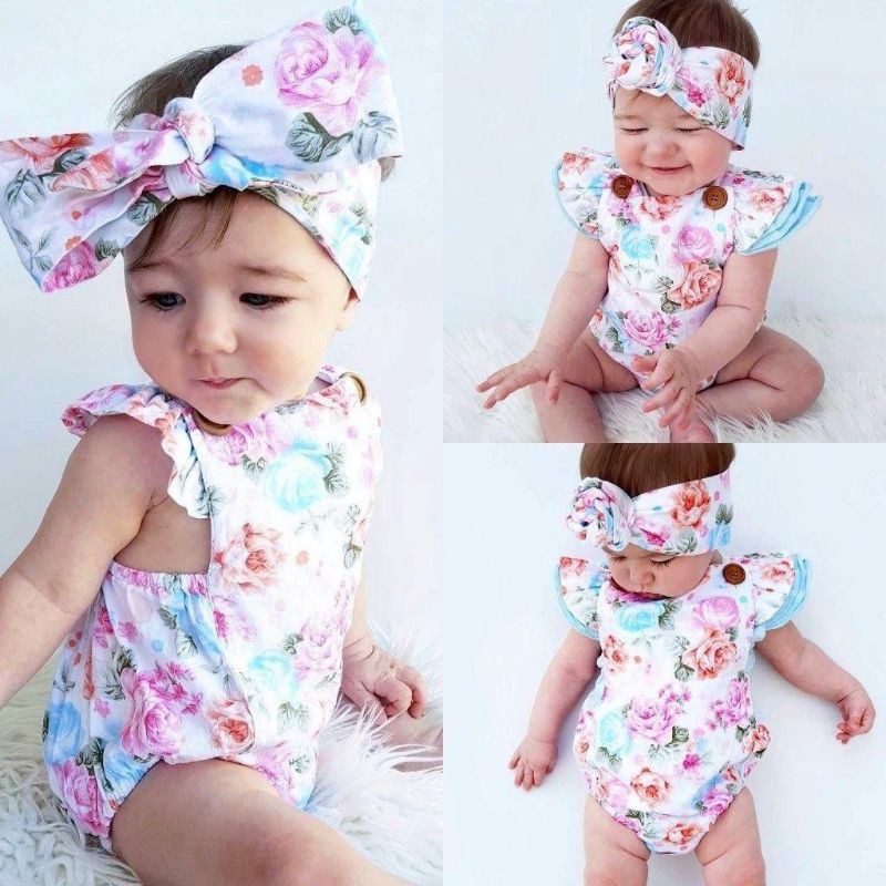 Setelan Romper bayi motif bunga tanpa lengan + bandana romper bayi perempuan