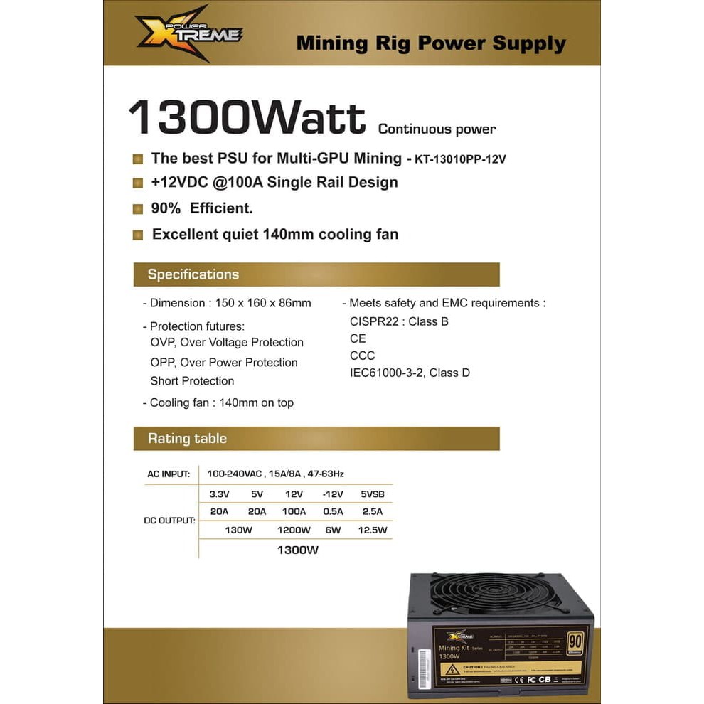 POWER SUPPLY 1300W XTREME MINING (KT1310PP) PSU 1300 watt - Power Supply