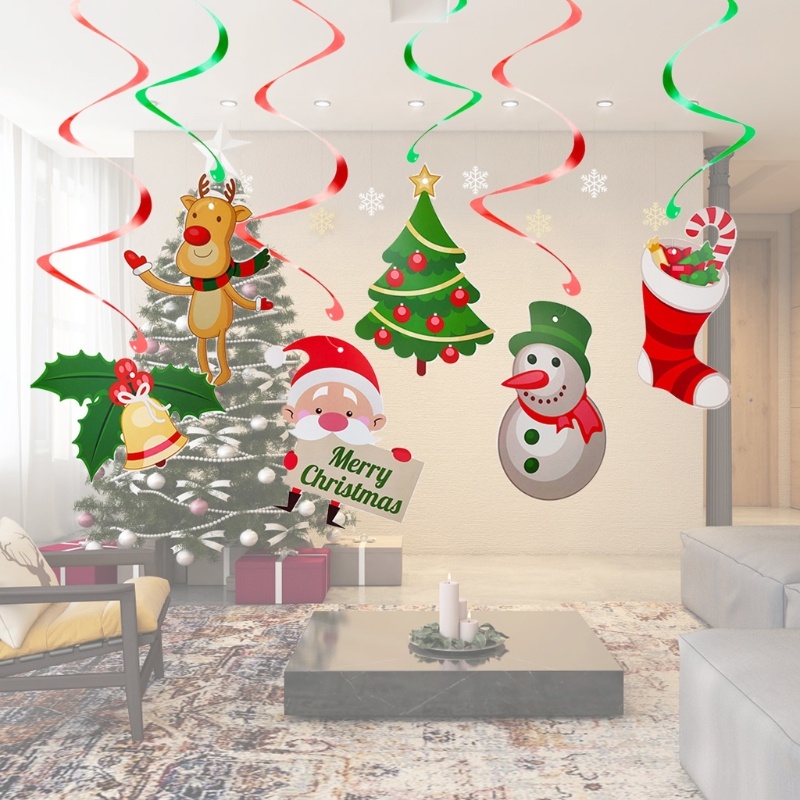 Ornamen Gantung Kertas Spiral Motif Kartun Snowman / Rusa / Santa Claus Untuk Dekorasi Pohon Natal