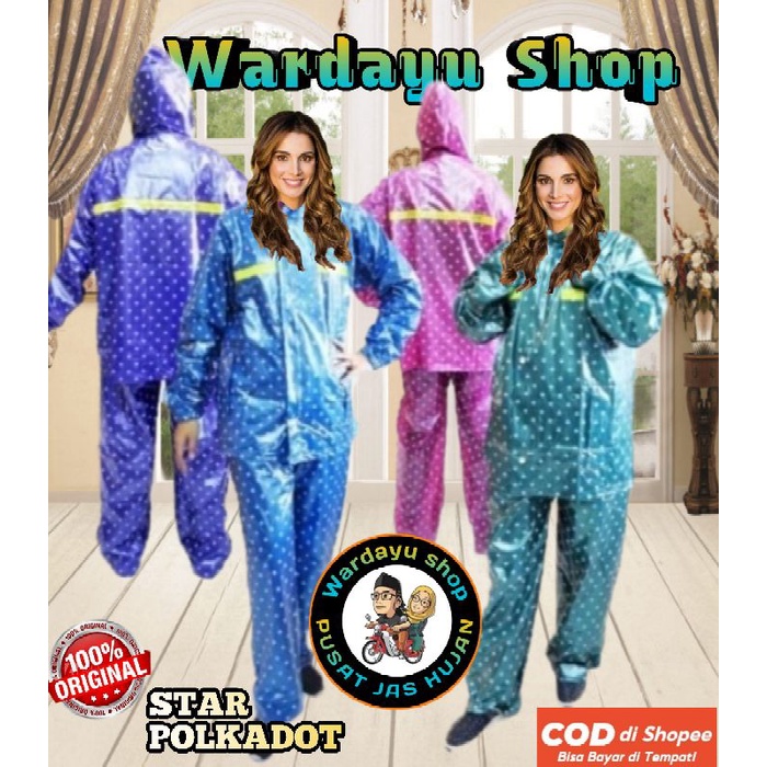 Jas Hujan Polkadot Star Top Dolphin Blue Dewasa Perempuan Laki Termurah Setelan Baju Jaket Celana Pria Wanita Tebal Kuat Murah Berkualitas / Mantel JUMBO Raincoat Cewek Cowok Remaja Terbaru Terlaris Harga grosir