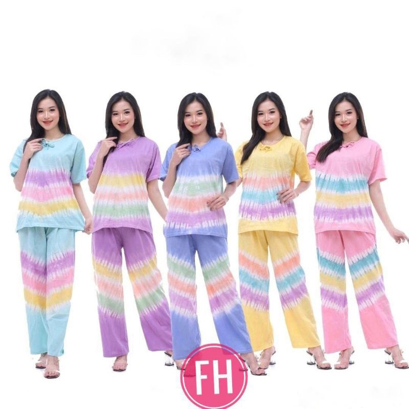 Setelan Piyama Kaos Perempuan Dewasa Motif Jumputan Tiedye One Set Wanita Kekinian Baju Tidur Termurah