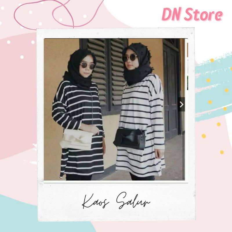 Kaos salur garis garis wanita aqila lengan panjang jumbo XL MURAH katun hitam putih